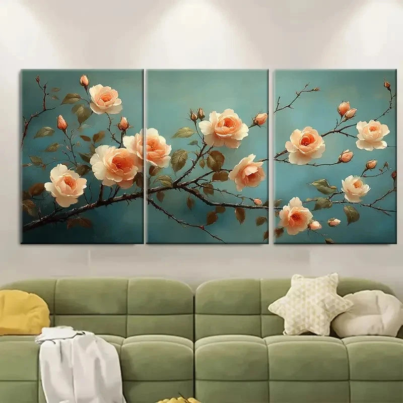 3pcs Sakura Blossoms Cream Roses Vintage Wall Art Set Canvas Framed 60x90cm - High Quality Print 100% Australian Made Wall Canvas Ready to Hang