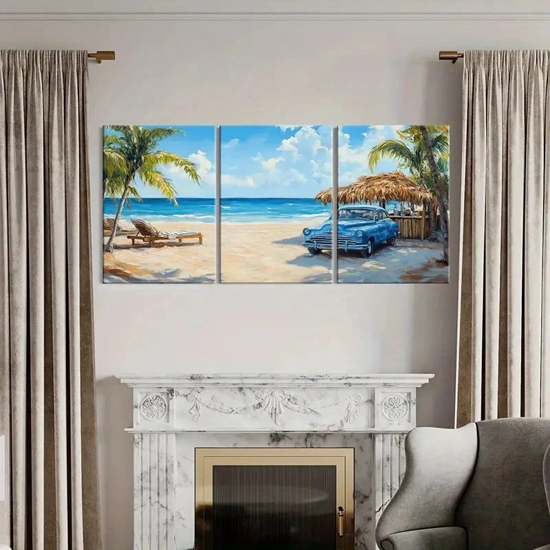 3pcs Australian Beach & Palm Trees Vintage Car Wall Art Set Canvas Framed 60x90cm - High Quality Print 100% Australian Made Wall Canvas Ready to Hang