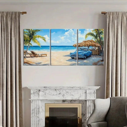 3pcs Australian Beach & Palm Trees Vintage Car Wall Art Set Canvas Framed 60x90cm - High Quality Print 100% Australian Made Wall Canvas Ready to Hang