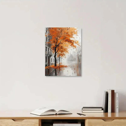 Artistic depiction of a tree with autumn leaves on a wall above a wooden shelf with books.