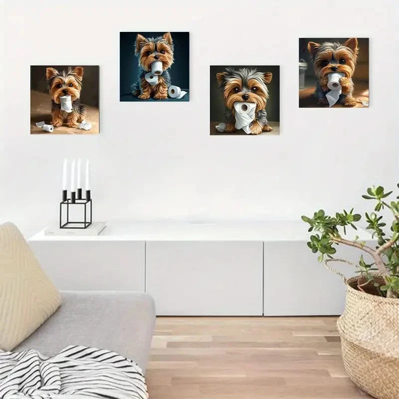 4pcs Yorkie Dog With Toilet Paper, Wall Art Canvas Framed