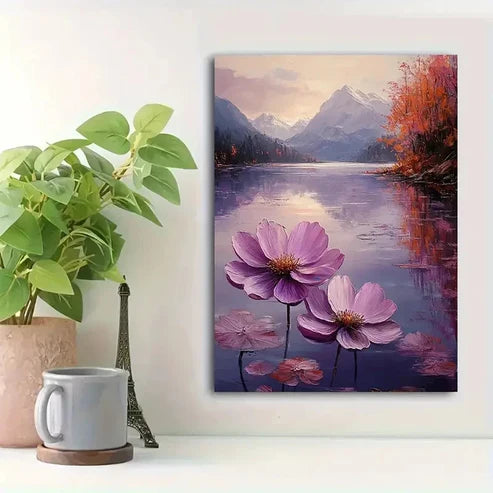 Purple Flower Lake Reflection Painting 60x90cm Metal Print Ready to Hang