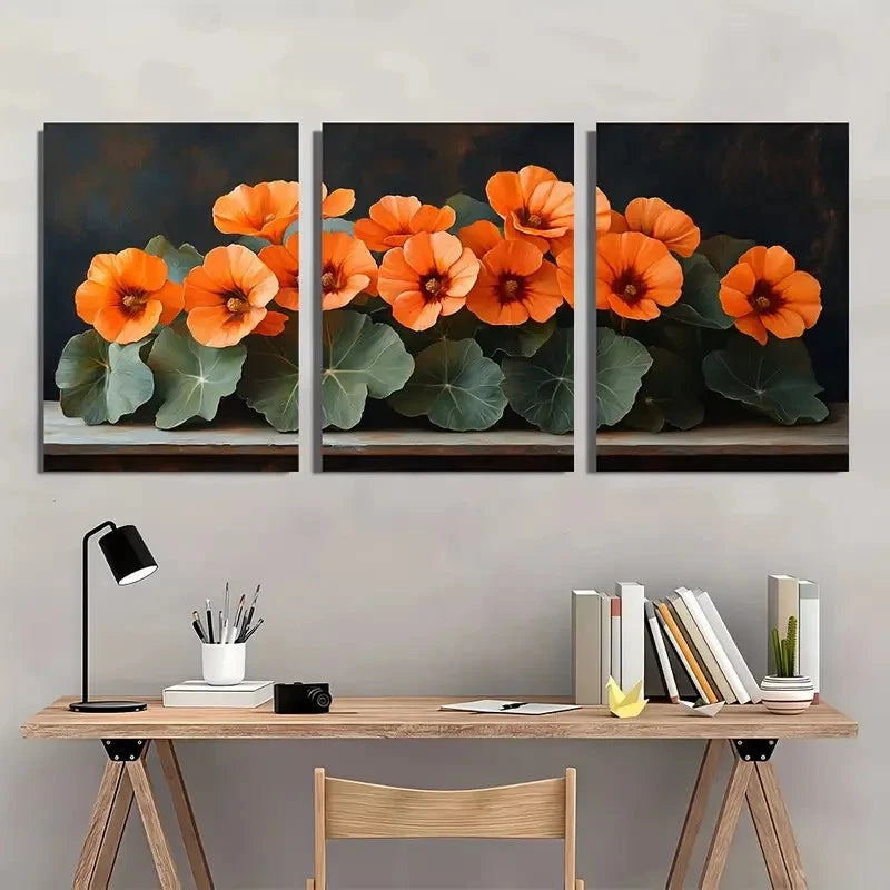 3pcs Nasturtium Flowers Dark Nature Perfect Wall Art Set Canvas Framed 40x60cm - High Quality Print 100% Australian Made Wall Canvas Ready to Hang
