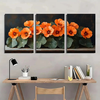 3pcs Nasturtium Flowers Dark Nature Perfect Wall Art Set Canvas Framed 40x60cm - High Quality Print 100% Australian Made Wall Canvas Ready to Hang
