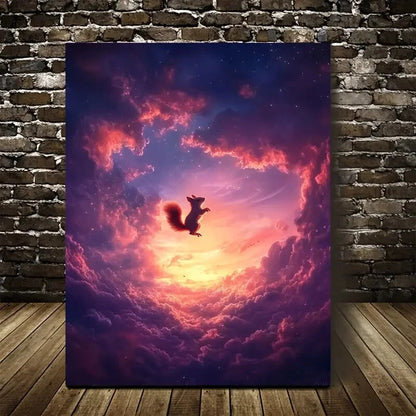 Dreamlike Squirrel Jumping under Glowing Painting 40x60cm Metal Print Ready to Hang