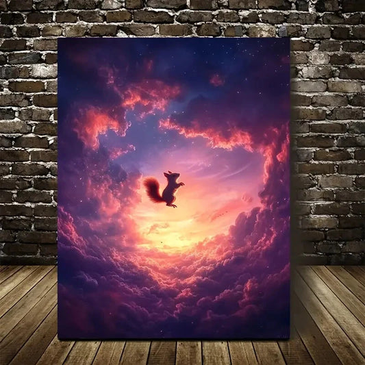 Dreamlike Squirrel Jumping under Glowing Painting 40x60cm Metal Print Ready to Hang