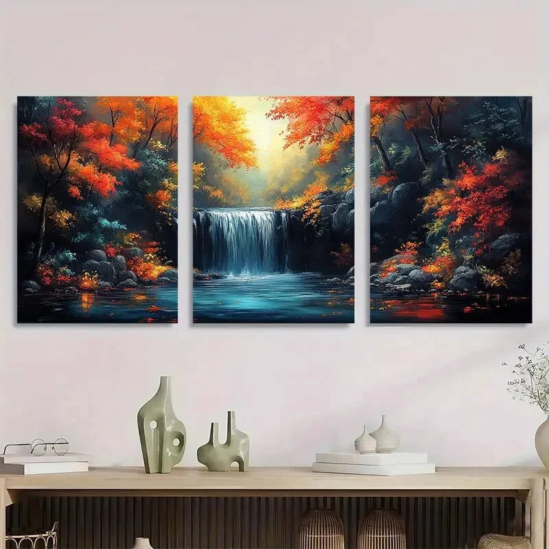 3pcs Autumn Foliage Scene Vibrant Forest Metal Print Ready to Hang Art