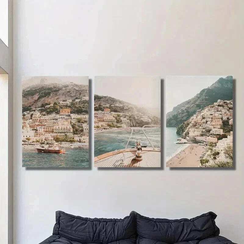 3pcs Italy Coast Beach City Landscape Wall Art Set Canvas Framed 40x60cm - High Quality Print 100% Australian Made Wall Canvas Ready to Hang