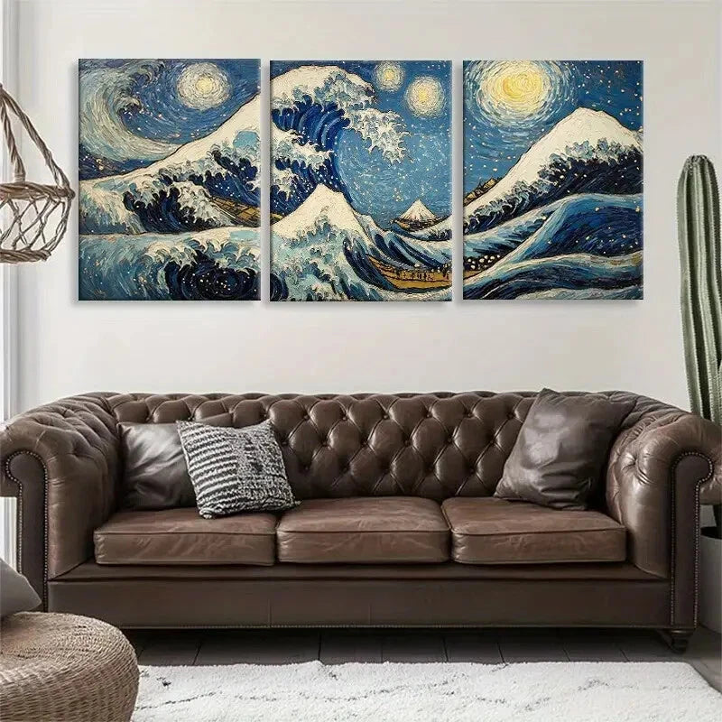 3pcs Starry Night Mountain & Wave Metal Print Ready to Hang Art