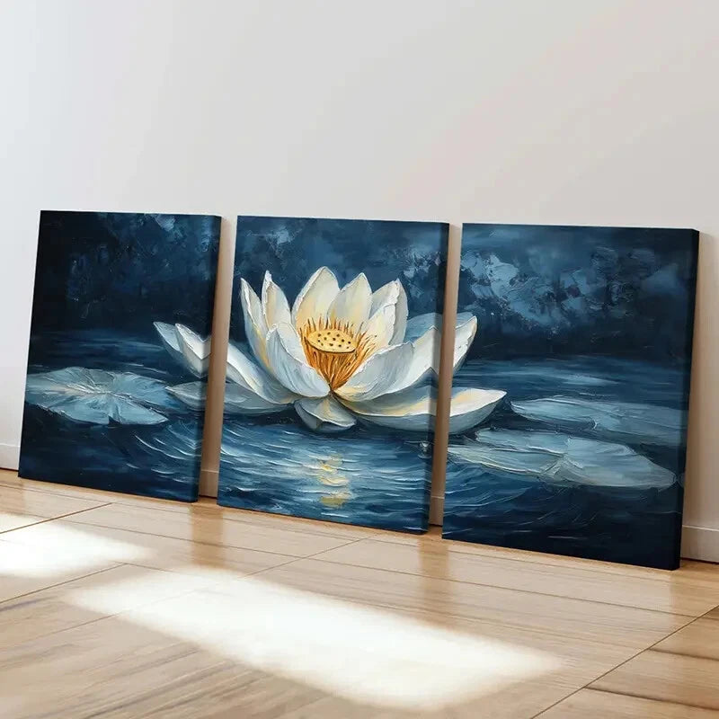 3pcs White Lotus Dark Water & Serene Reflection Wall Art Set Canvas Framed 40x60cm - High Quality Print 100% Australian Made Wall Canvas Ready to Hang