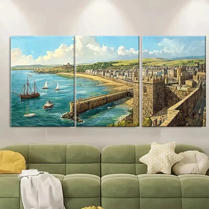 3pcs Scenic British Isles Sailboats Fortification Metal Print Ready to Hang Art