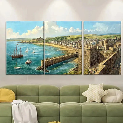3pcs Scenic British Isles Sailboats Fortification Metal Print Ready to Hang Art