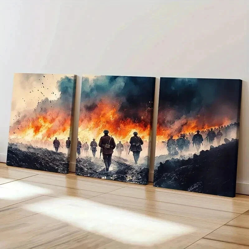 3pcs Warrior March on Fiery Battlefield Wall Art Set Canvas Framed 40x60cm - High Quality Print 100% Australian Made Wall Canvas Ready to Hang