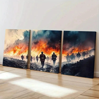3pcs Warrior March on Fiery Battlefield Wall Art Set Canvas Framed 40x60cm - High Quality Print 100% Australian Made Wall Canvas Ready to Hang