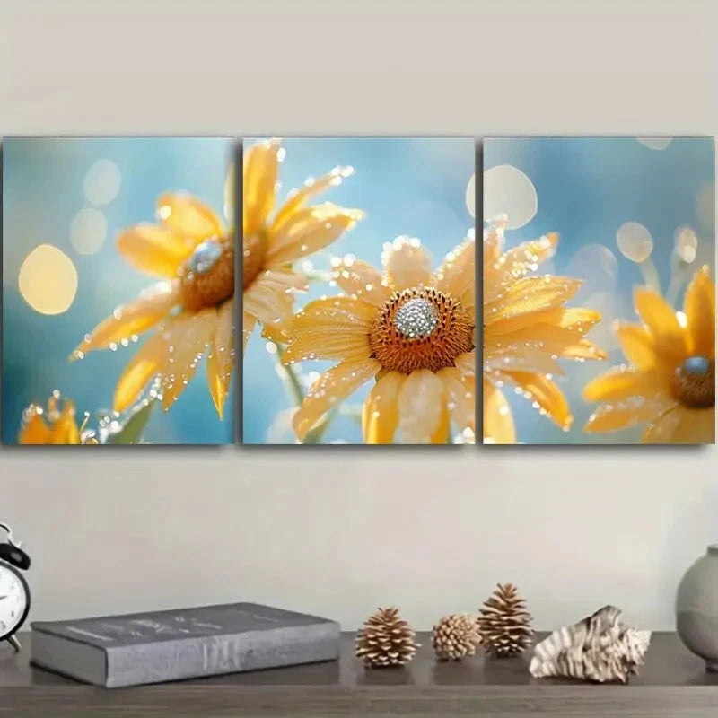 3pcs Sunflower Morning Dew Bubbles Metal Print Ready to Hang Art