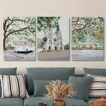 3pcs Trolley Cathedral and Fountain Scenes Metal Print Ready to Hang Art