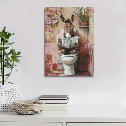 Charming Newspaper-Reading Donkey with Flora Painting 40x60cm Metal Print Ready to Hang