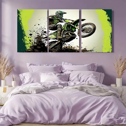 3pcs Green Dirt Bike Motocross Stunt Metal Print Ready to Hang Art