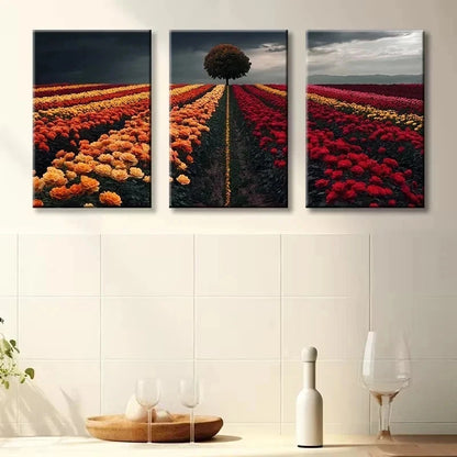 3pcs Charming Flower Fields Illustration Metal Print Ready to Hang Art
