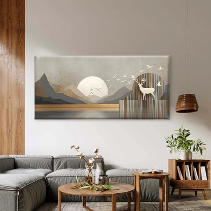 Minimalist Mountain Lake & Deer Wall Art Canvas Office Home Room Framed 120x60cm