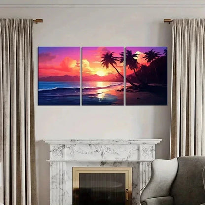 3pcs Colorful Sky Palm Trees & Ocean Waves Wall Art Canvas Unframed - High Quality Print 100% Australian Made Wall Canvas