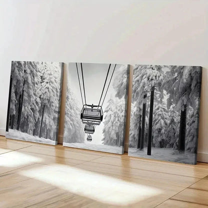 3pcs Ski Lift Black And White Winter Snow Forest Wall Art Set Canvas Framed 40x60cm - High Quality Print 100% Australian Made Wall Canvas Ready to Hang