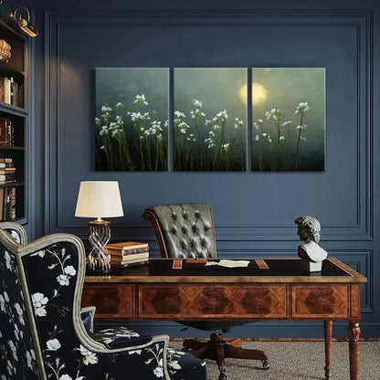 3pcs Moonlit Floral Serenity Tranquil Night Scene Metal Print Ready to Hang Art
