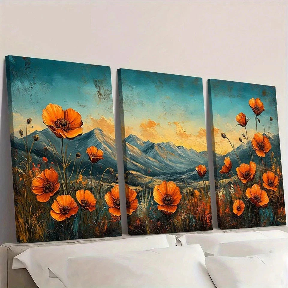 Triptych painting of orange flowers and mountains on a wall.