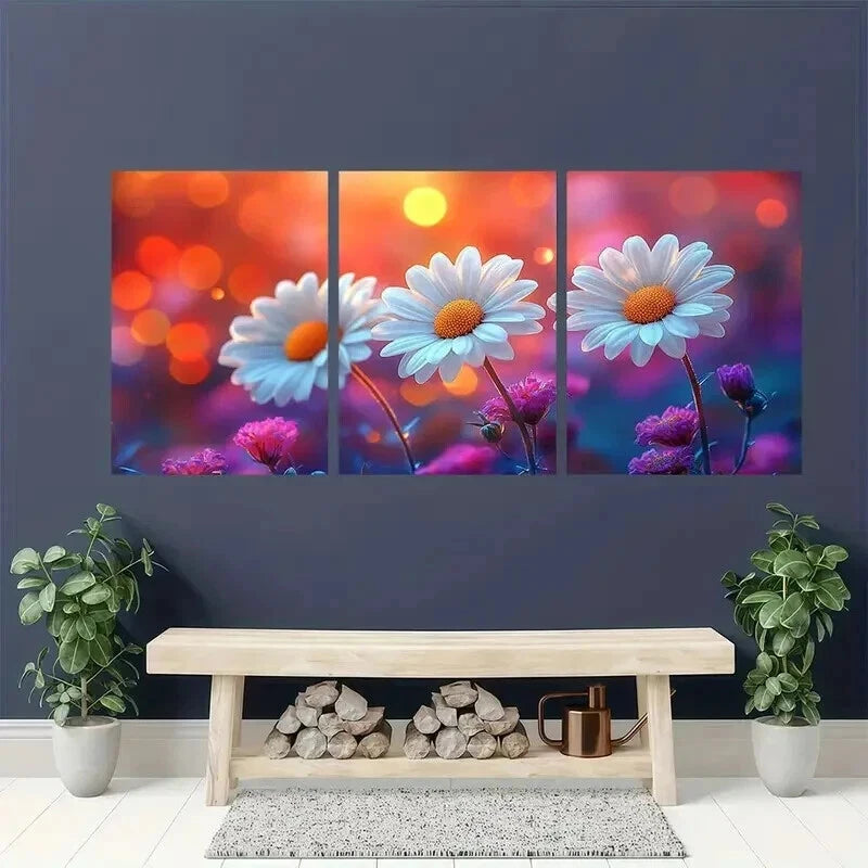3pcs Featuring Floral Crisp White Daisies Wall Art Set Canvas Framed 40x60cm - High Quality Print 100% Australian Made Wall Canvas Ready to Hang