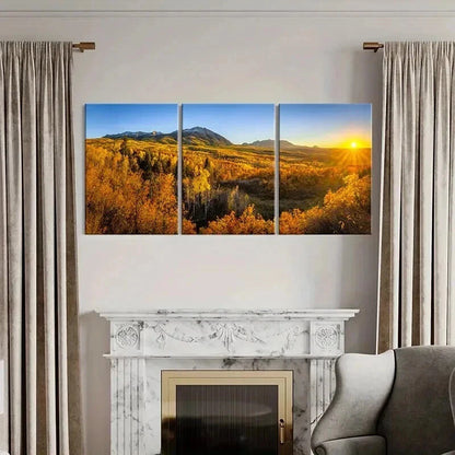 3pcs Autumn Forest Mountains Sunset Wall Art Set Canvas Framed 40x60cm - High Quality Print 100% Australian Made Wall Canvas Ready to Hang