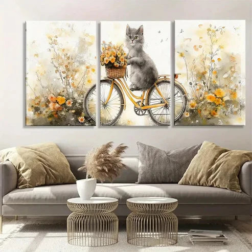 3pcs Whimsical Cat Bicycle Vibrant Perfect Wall Art Canvas Unframed – High Quality Print 100% Australian Made Wall Canvas