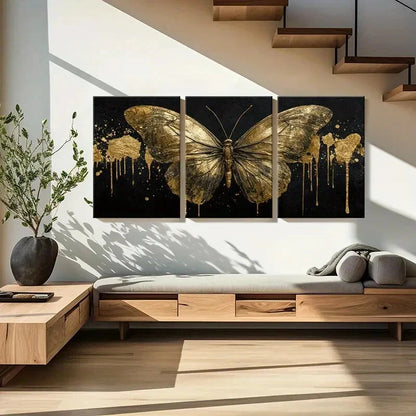 3pcs Elegant Golden Butterfly Modern Abstract Metal Print Ready to Hang Art