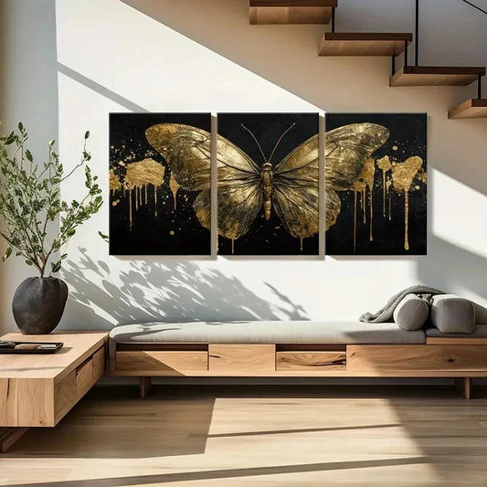 3pcs Elegant Golden Butterfly Modern Abstract Metal Print Ready to Hang Art