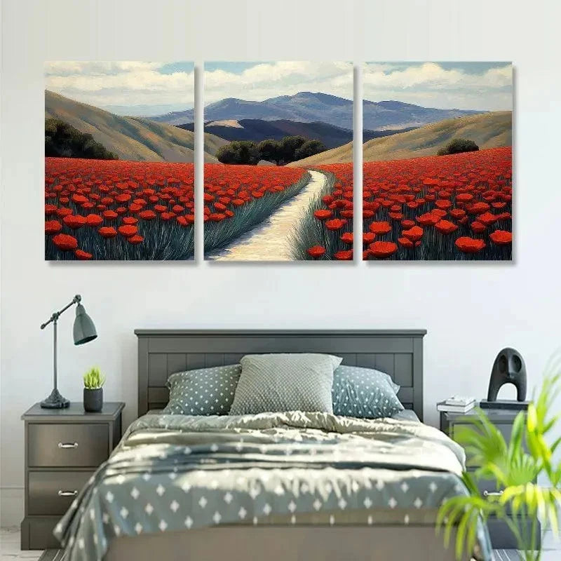 3pcs Elegant Classic Poppy Field Metal Print Ready to Hang Art