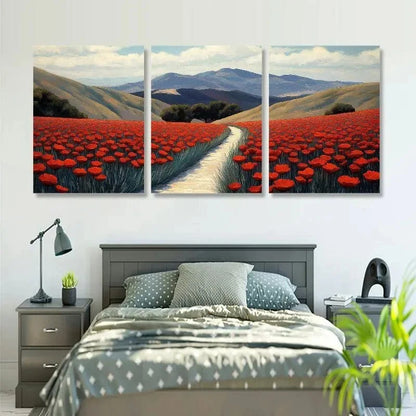 3pcs Elegant Classic Poppy Field Metal Print Ready to Hang Art
