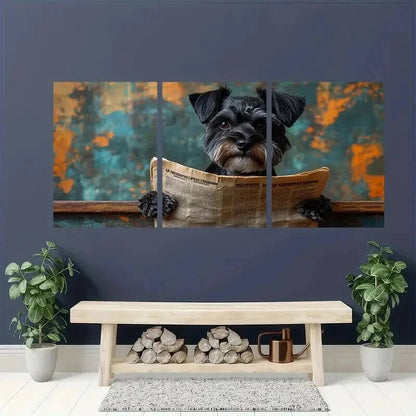 3pcs Black Schnauzer Dog Reading Newspaper Wall Art Set Canvas Framed 40x60cm - High Quality Print 100% Australian Made Wall Canvas Ready to Hang