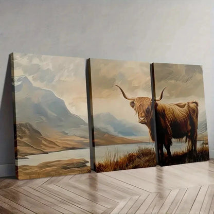 3pcs Scenic Landscape with Highland Cow Wall Art Set Canvas Framed 60x90cm - High Quality Print 100% Australian Made Wall Canvas Ready to Hang