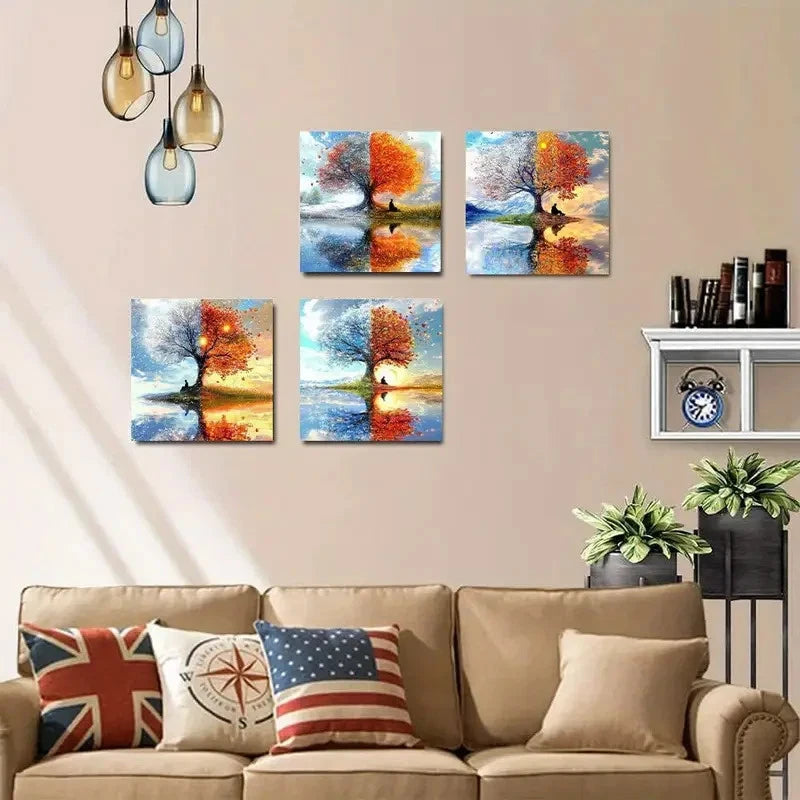 4pcs  Four Season Tree Of Life Wall Art Canvas Framed