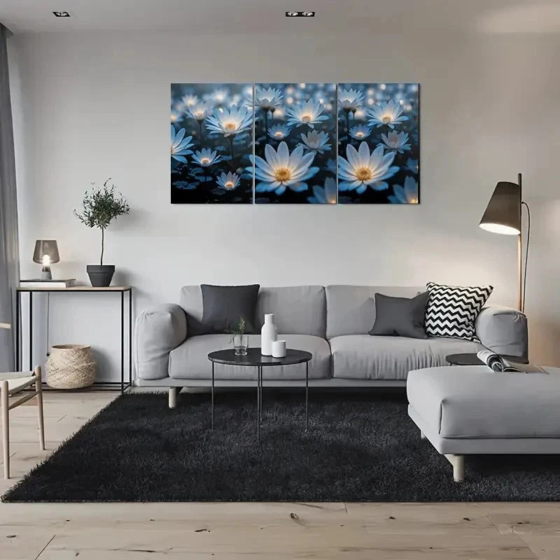 3pcs Blue Daisy Flower Modern Metal Print Ready to Hang Art