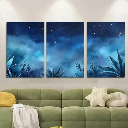 3pcs Agave Plants Under Starlit Sky Wall Art Set Canvas Framed 60x90cm - High Quality Print 100% Australian Made Wall Canvas Ready to Hang