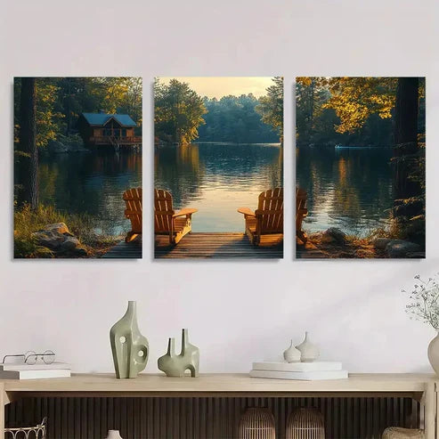 3pcs Lake House Scenery with Wooden Chairs Wall Art Set Canvas Unframed - High Quality Print 100% Australian Made Wall Canvas