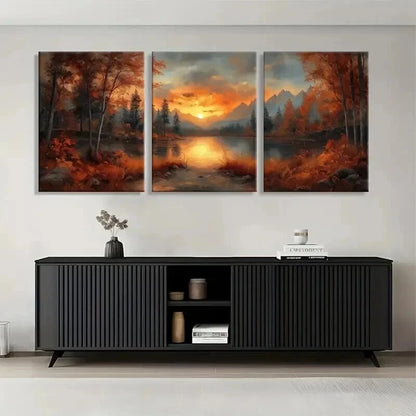 3pcs Sunset Lake Autumn Forest Orange Perfect Wall Art Set Canvas Framed 60x90cm - High Quality Print 100% Australian Made Wall Canvas Ready to Hang