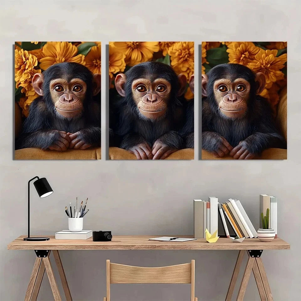 3pcs Funny Monkey Trio Golden Flowers Metal Print Ready to Hang Art
