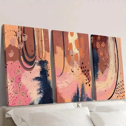 3pcs Orange & Pink Earth Tone Linear Design Wall Art Set Canvas Unframed - High Quality Print 100% Australian Made Wall Canvas