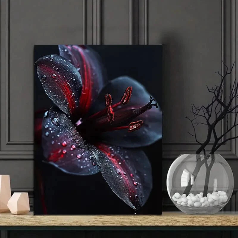 Black And Dark Red Flower with Raindrops Painting 40x60cm Metal Print Ready to Hang