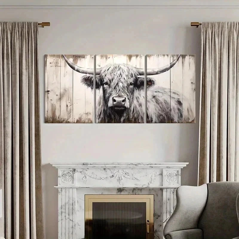 3pcs Vintage Farmhouse Highland Cattle Wall Art Set Canvas Framed 40x60cm - High Quality Print 100% Australian Made Wall Canvas Ready to Hang