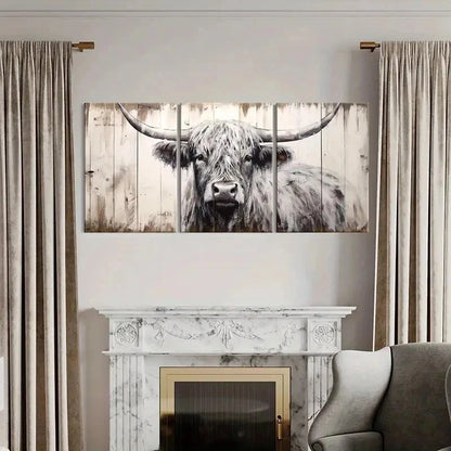 3pcs Vintage Farmhouse Highland Cattle Wall Art Set Canvas Framed 40x60cm - High Quality Print 100% Australian Made Wall Canvas Ready to Hang