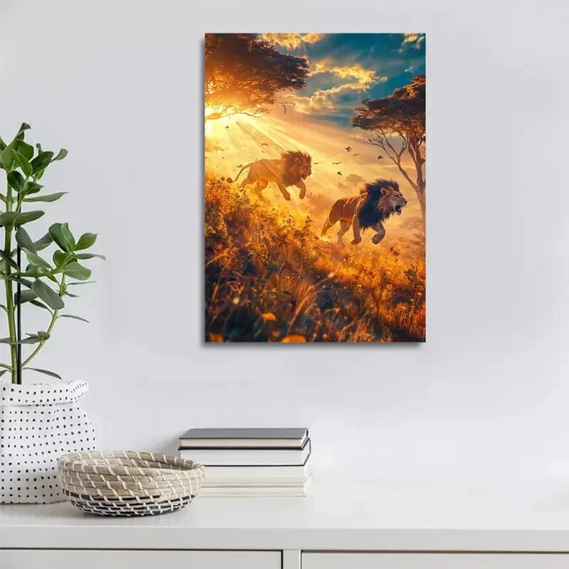 Sunlit Savannah Scene Majestic Lions in Gold Painting 40x60cm Metal Print Ready to Hang