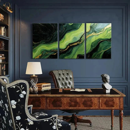 3pcs Abstract Green & Golden Fluid Art Metal Print Ready to Hang Art