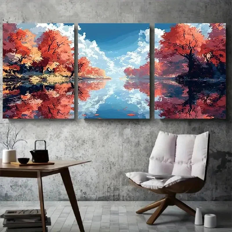 3pcs Red Trees and Sky Nature Reflection Metal Print Ready to Hang Art